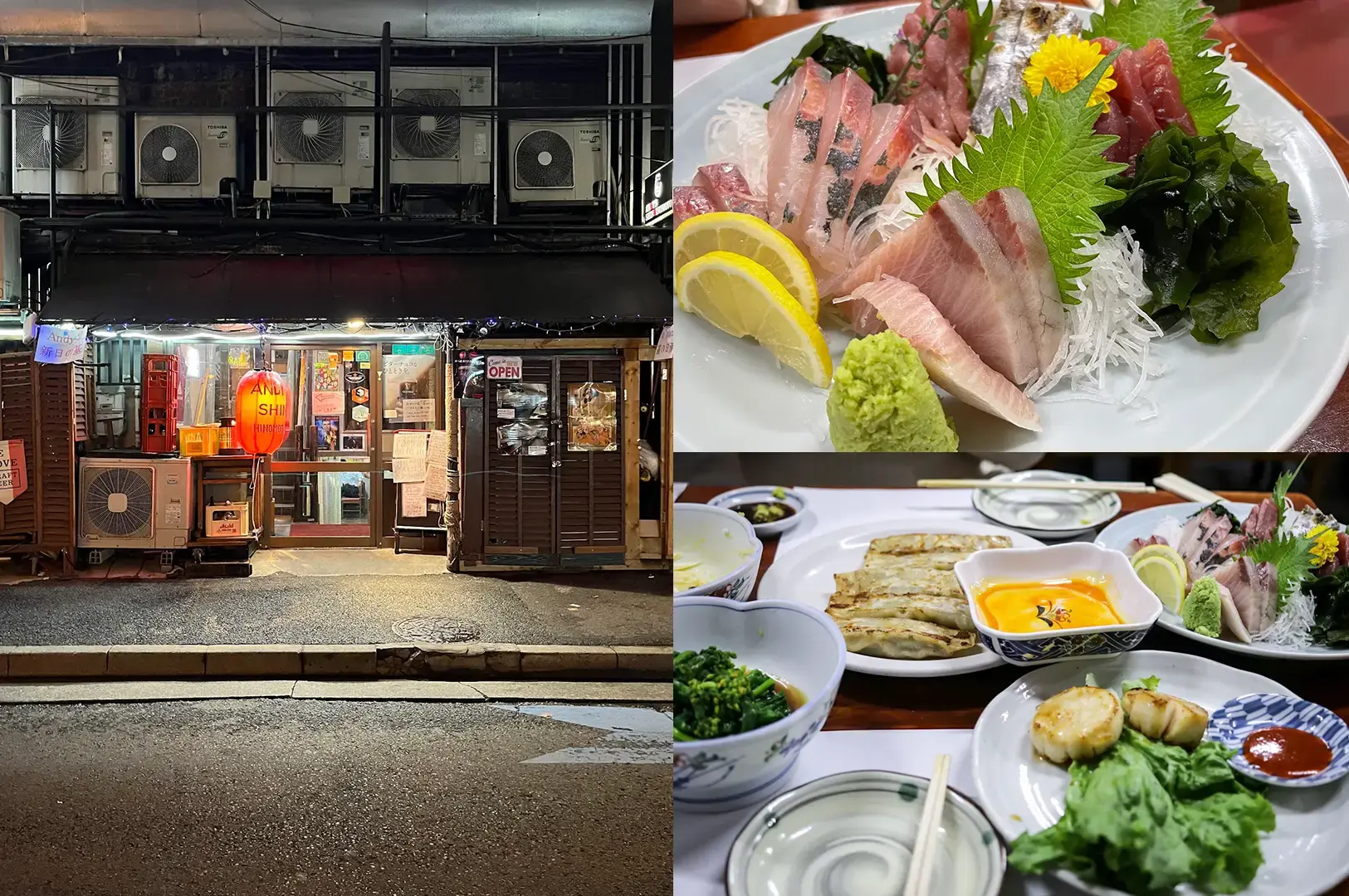 Shin Hinomoto in Yurakucho features a lit street-facing storefront beside a spread of sashimi and shared izakaya dishes.