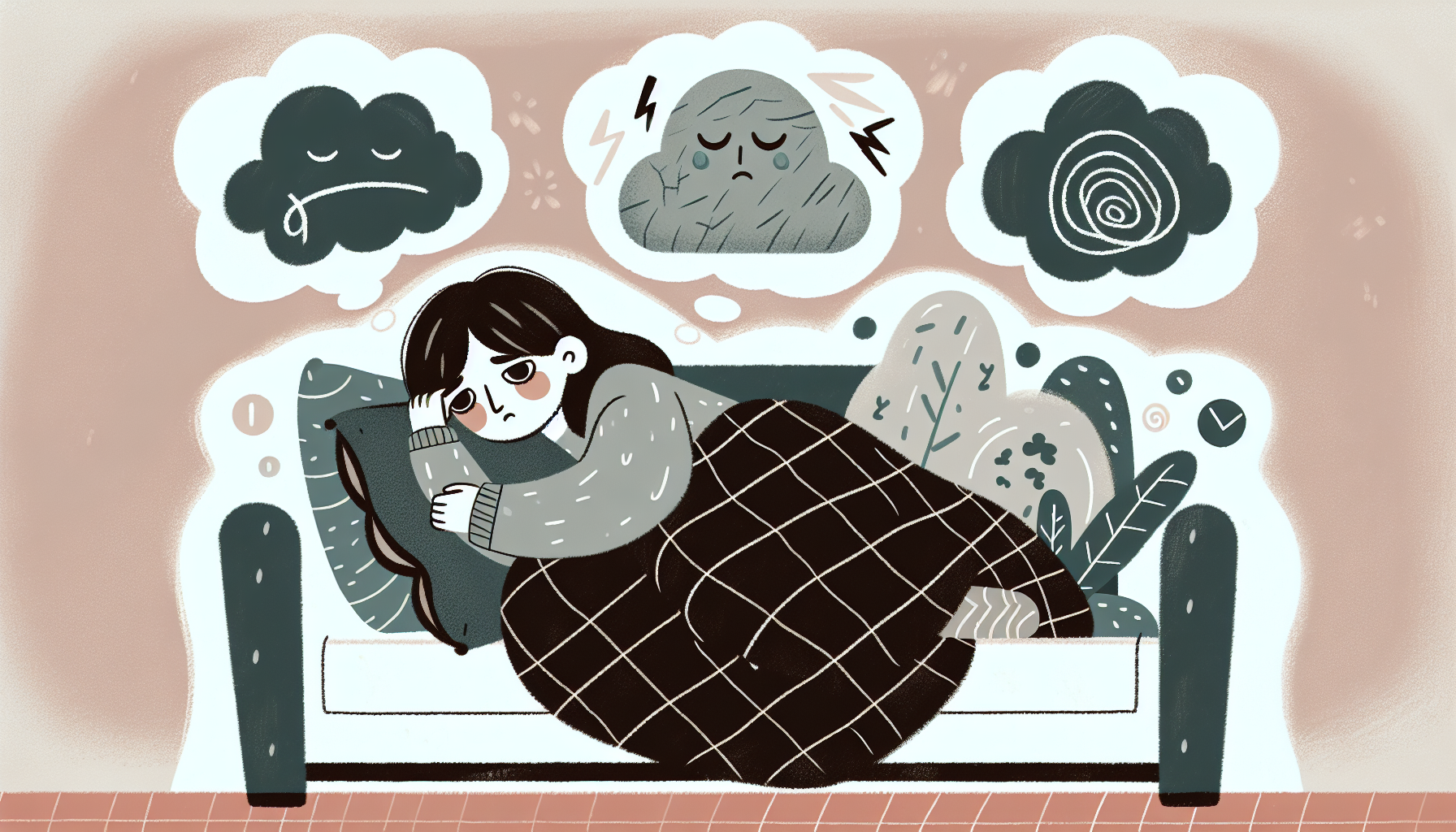 An illustration depicting various depression symptoms, such as sadness and fatigue.