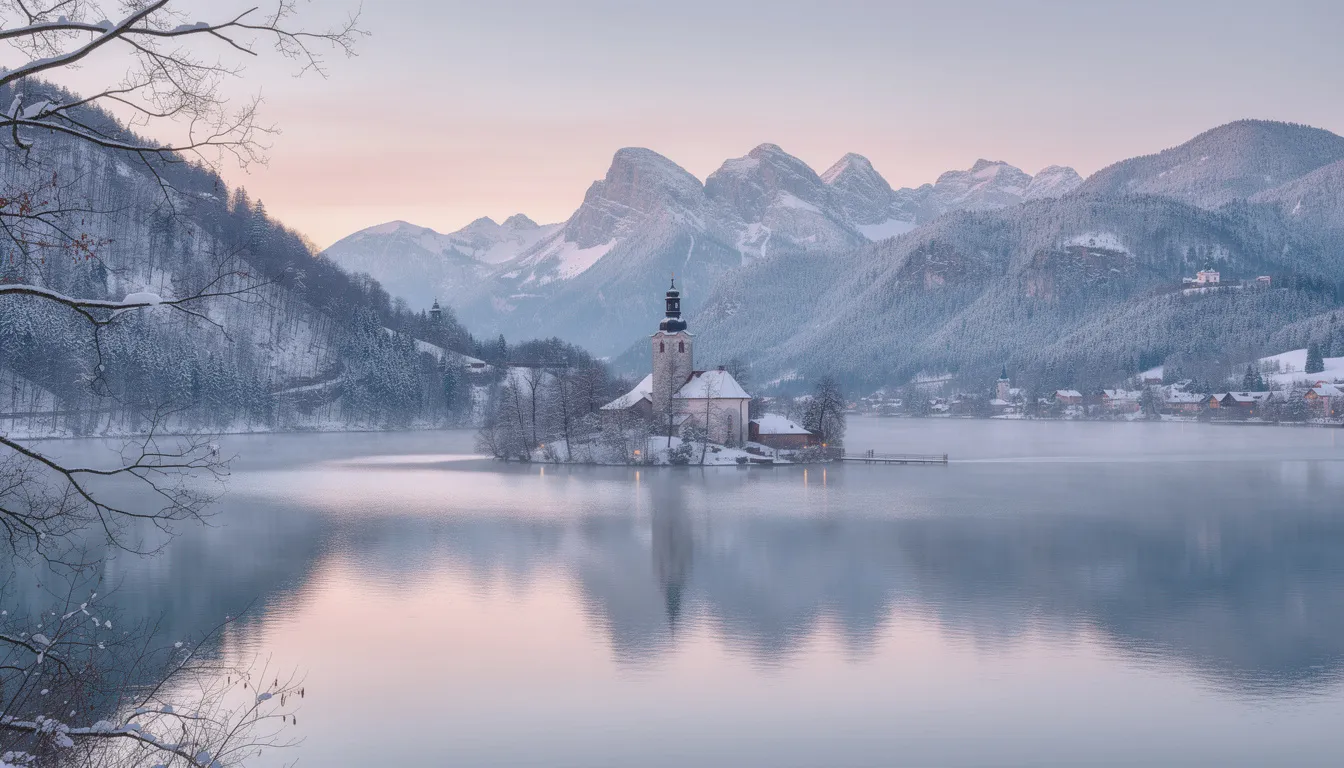 Lake Bled in winter, surrounded by snow-covered mountains and a serene, frozen lake reflecting the cold winter day. In the distance, Bled Castle overlooks the picturesque scene.