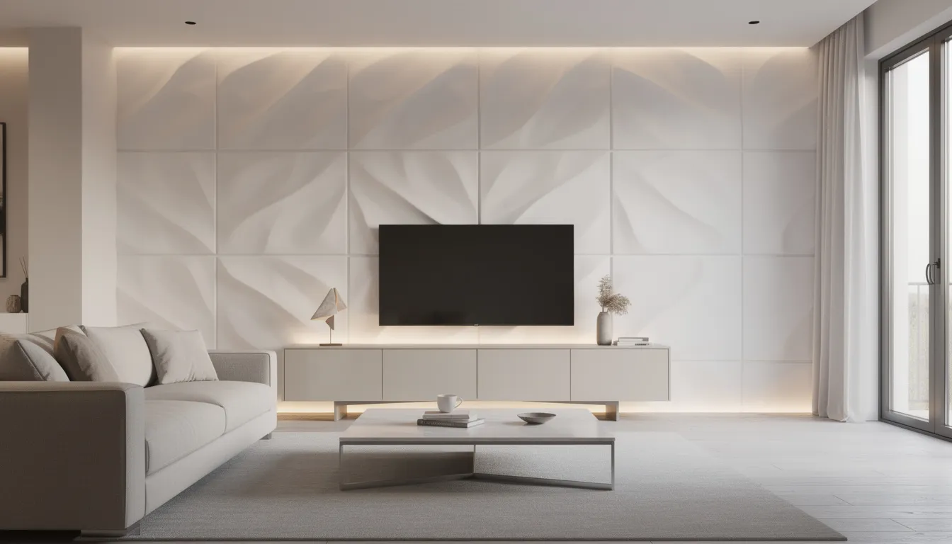 Een moderne woonkamer met stijlvolle witte 3D-wandpanelen achter een tv-meubel, verlicht door indirecte LED-verlichting, die een unieke sfeer en luxe uitstraling creëren. De wandbekleding biedt niet alleen een naadloze uitstraling, maar ook praktische voordelen zoals geluidsabsorptie en onderhoudsvriendelijkheid.