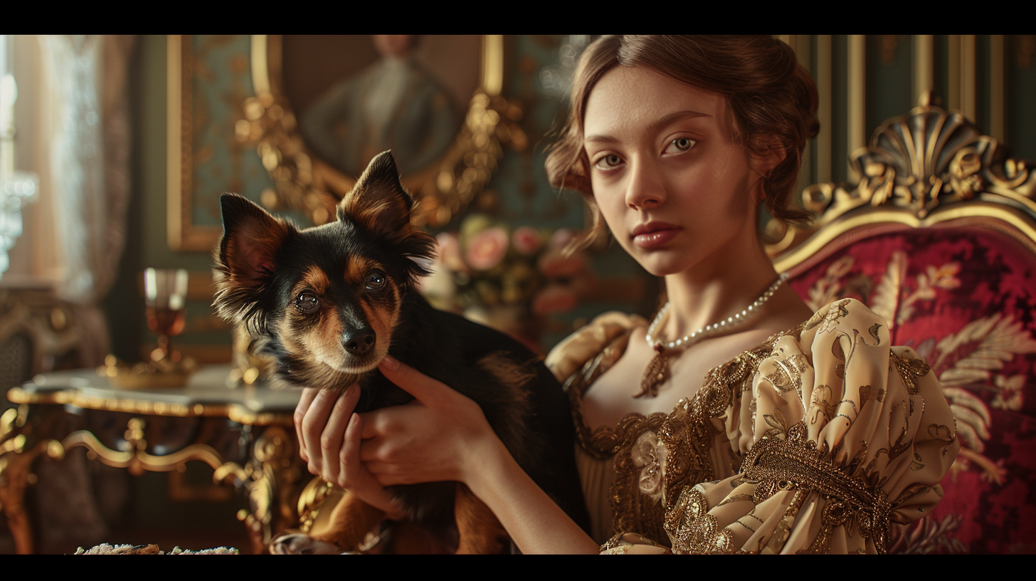 A historical image of a member of the Russian aristocracy holding a Russian Toy Terrier