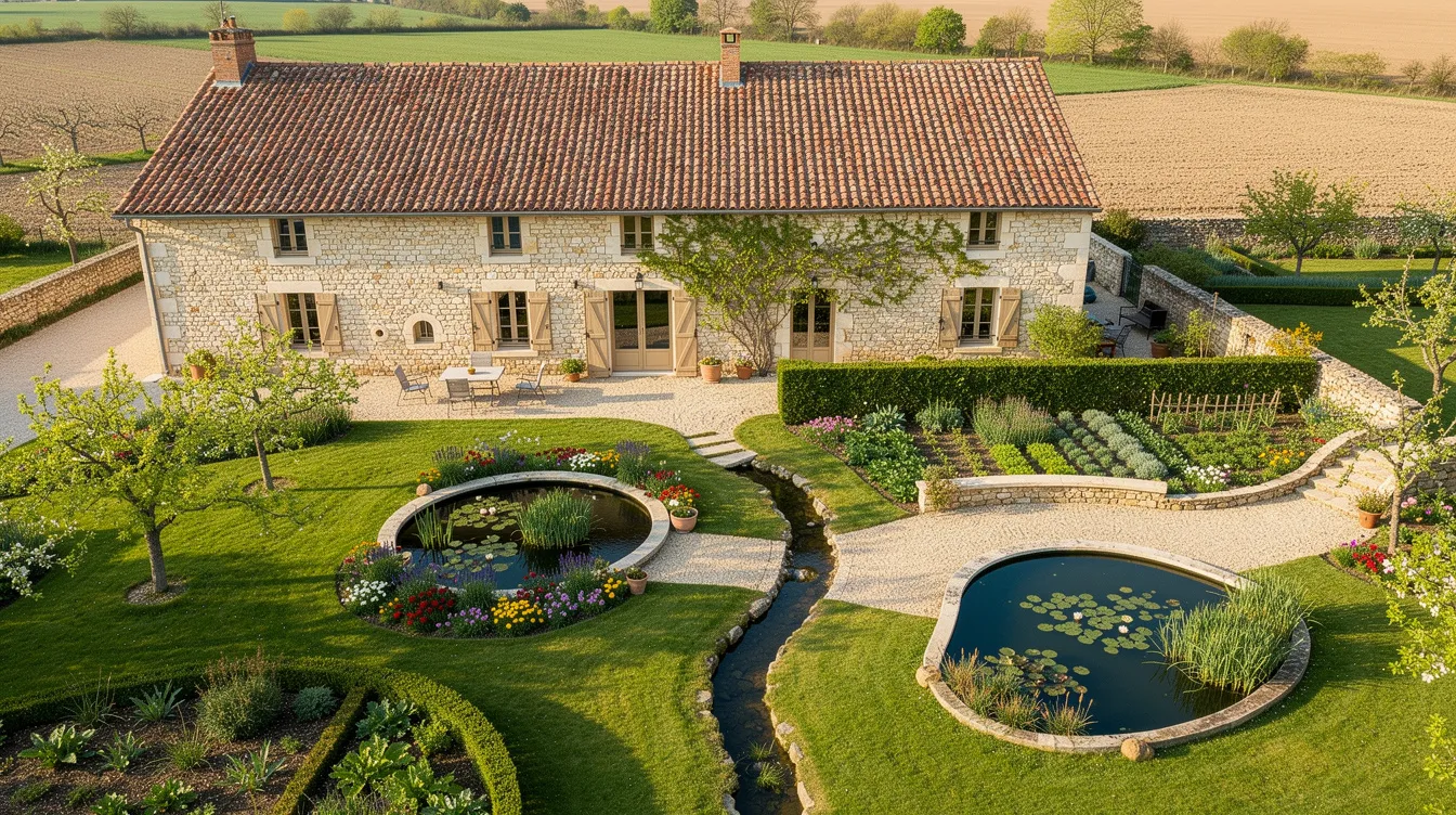 Une vue aérienne d'une maison de campagne française, entourée d'un vaste jardin comprenant différentes zones végétalisées et des bassins. Ce paysage paisible évoque l'harmonie entre l'habitation et la nature, tout en mettant en avant des solutions d'assainissement comme la microstation et la fosse toutes eaux.