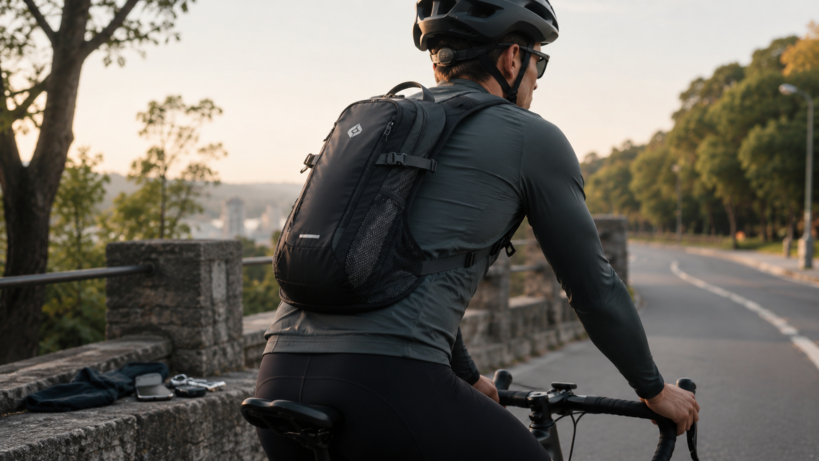 Cyclist wearing a close-fitting backpack while riding on a road