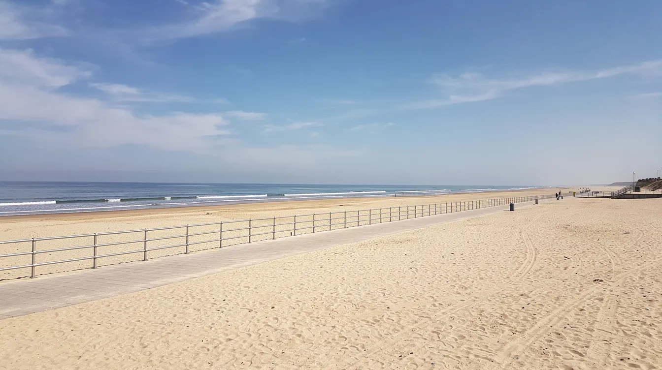 A wide sandy beach stretches under a clear blue sky, bordered by a long promenade that invites leisurely strolls along the North Wales coast