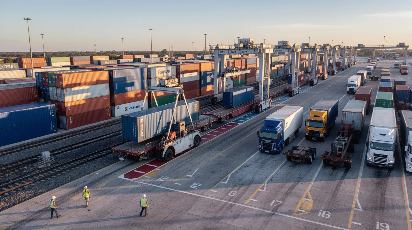 The image depicts cargo containers being transferred at a freight terminal, with rail and truck lanes visible in the background, illustrating the logistics processes involved in supply chain management. This scene highlights the importance of just-in-time (JIT) inventory management in reducing storage costs and meeting customer demand efficiently.