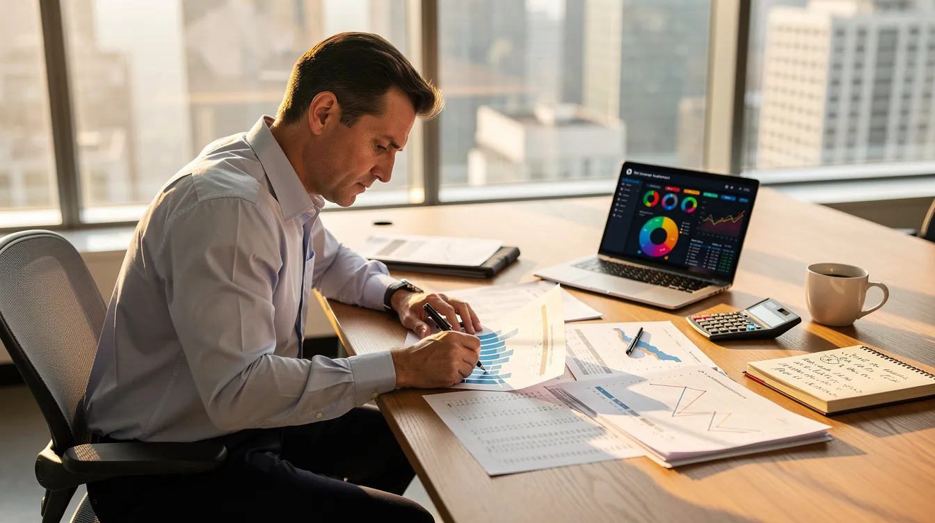 A business owner is seated at a desk, intently reviewing financial charts and documents that detail the company's financial standing, including cash flow analysis and valuation methods. The scene reflects the importance of understanding valuation processes, such as discounted cash flow analysis, in determining the intrinsic value and market price of the business.