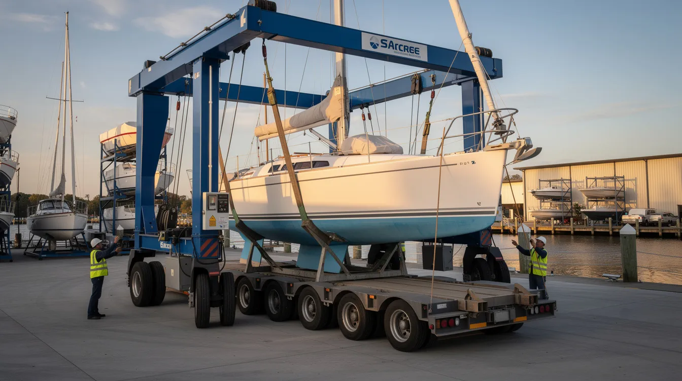 A marina travel lift is seen loading a sailboat onto a transport trailer, showcasing the process of boat transportation. This scene highlights the careful handling required for shipping boats safely to their destination.