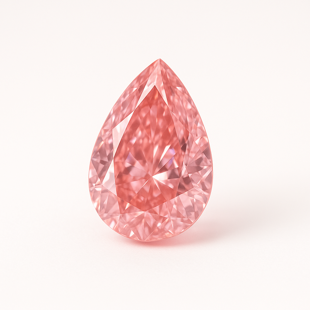 Rožinis lašo formos deimantas ant balto fono – subtilaus romantinio atspalvio brangakmenis, spindintis švelniu rožiniu tonu