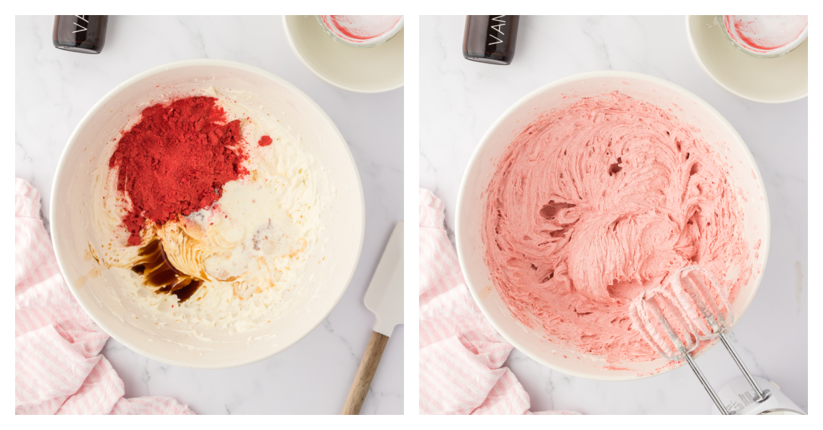 freeze dried strawberries, vanilla, and milk added to bowl and mixed into frosting