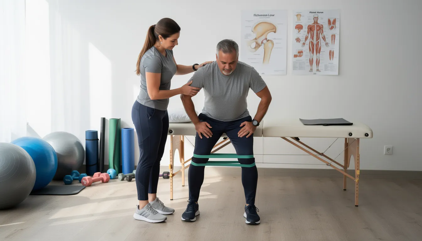 A physical therapist is guiding a patient through a standing hip flexor stretch in a clinic, focusing on strengthening the hip flexor muscles to alleviate hip flexor pain and promote healing. The therapist demonstrates proper posture and technique to prevent hip flexor strains and enhance the patient's range of motion.