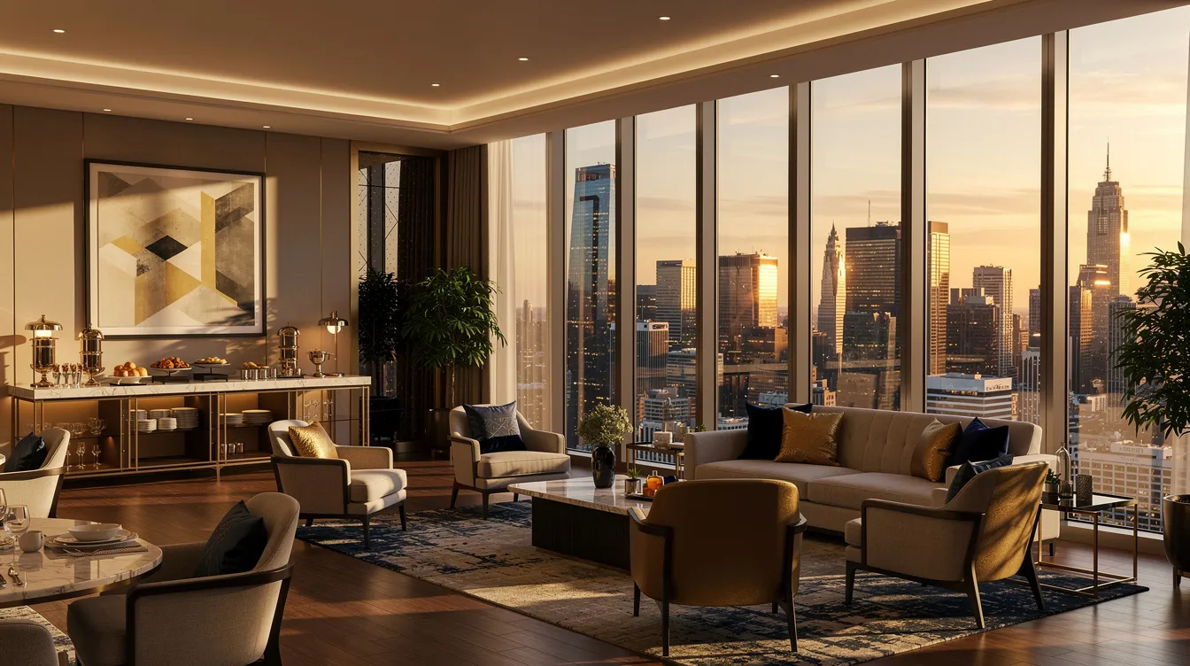 The image depicts a luxurious hotel executive lounge featuring floor-to-ceiling windows that offer a stunning view of a modern city skyline bathed in the warm glow of golden hour. This perfect setting in Mexico City invites guests to enjoy personalized service and a memorable experience while relaxing in a spacious and elegant environment.