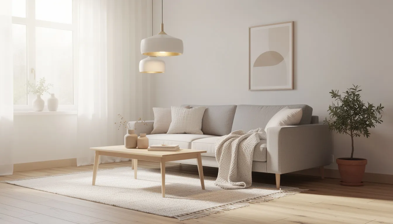 En modern skandinavisk vardagsrum med en varm taklampa som hänger över en bekväm soffa. Rummet har en stilren inredning med mjuka färger som skapar en inbjudande atmosfär.