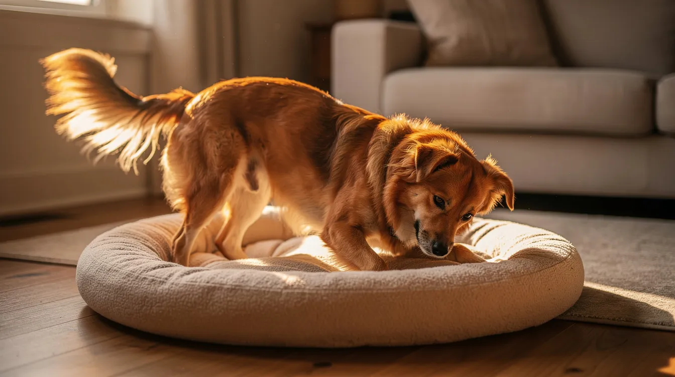 The image depicts a dog circling in tall grass before lying down, a commonly observed behavior that reflects its instinctual roots from wild ancestors. This repetitive motion may help the dog find a comfortable position while also ensuring safety from potential predators.