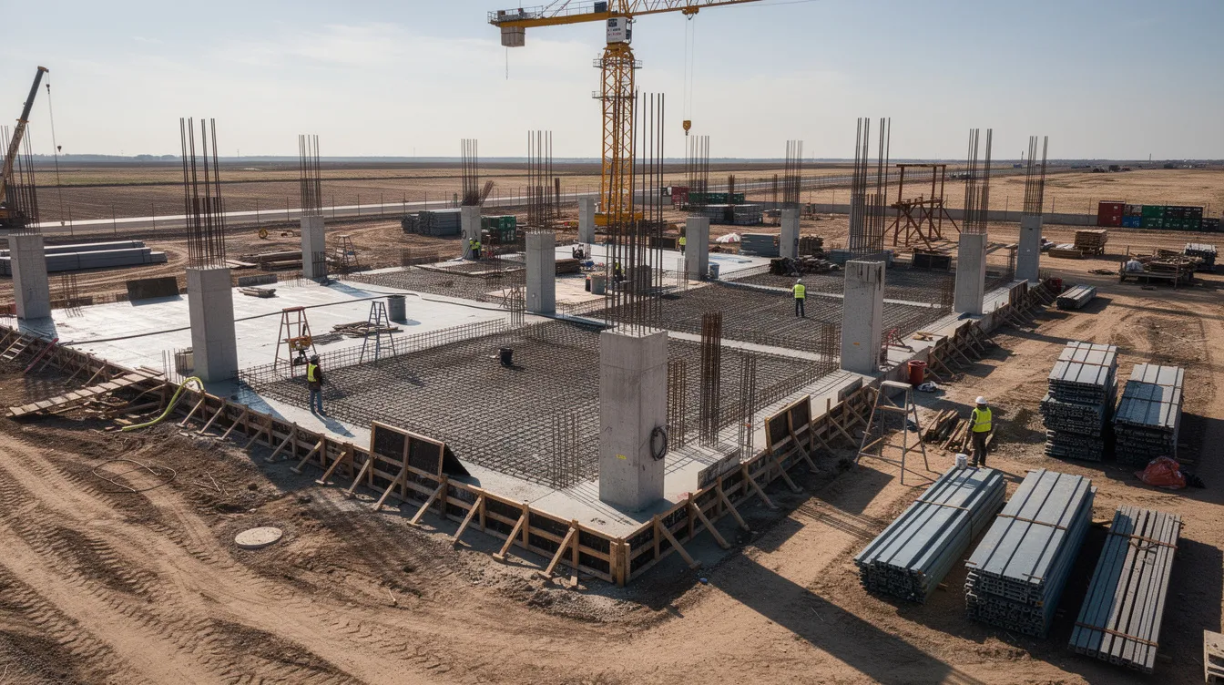 f24ea67f 765c 4e2c a7f5 5581a05774ea The image depicts an industrial construction site where foundation work is underway, featuring concrete pillars and steel reinforcement on a flat expanse of land, indicative of a potential ethanol production plant setup. This scene highlights the initial stages of a grain-based distillery project, emphasizing the importance of raw materials and feedstock availability for future ethanol manufacturing.