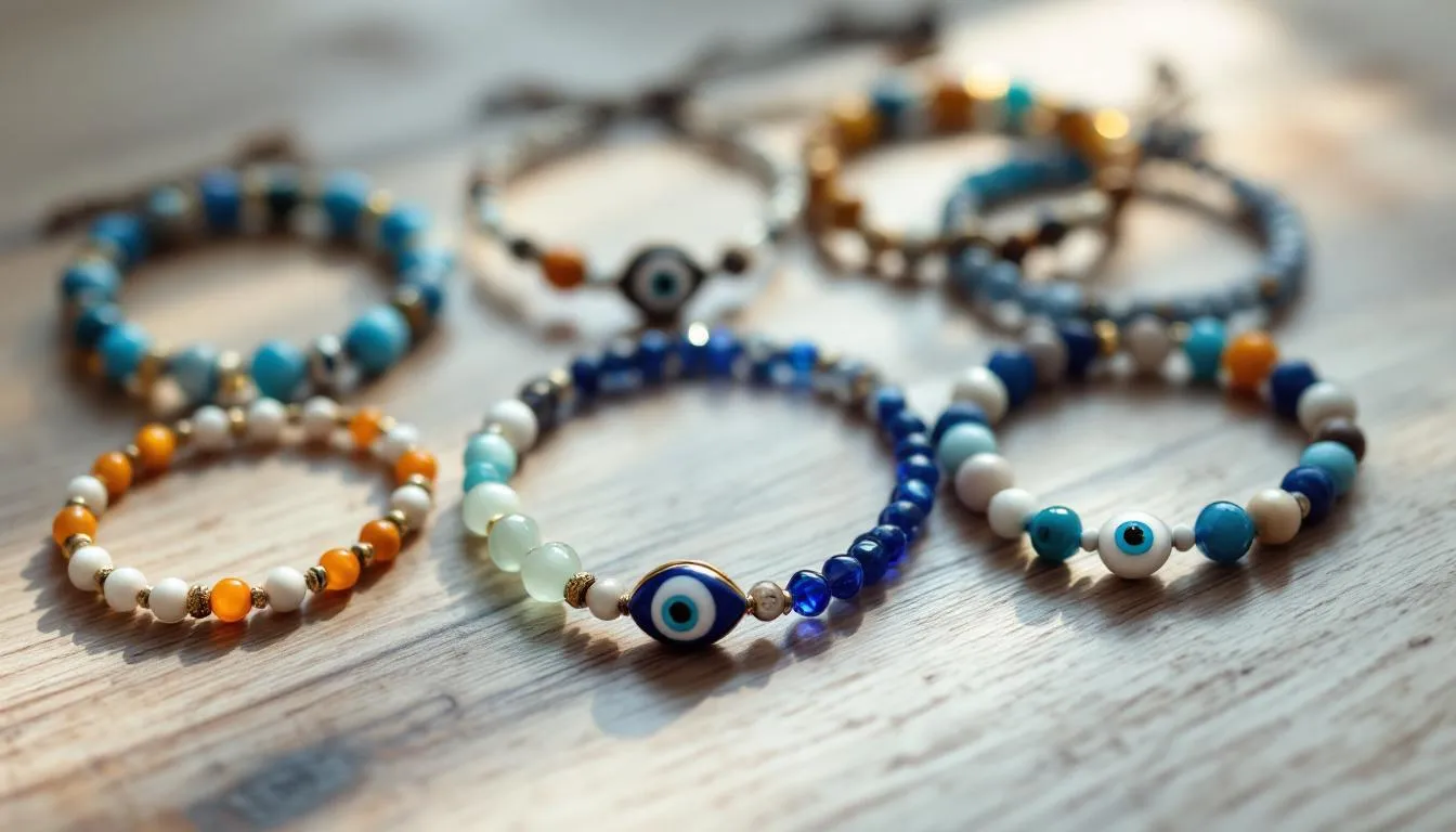 The image showcases a variety of beautifully crafted evil eye bracelets, each designed to ward off bad luck and provide protection. These pieces, made from sterling silver and adorned with vibrant sapphires, exemplify elegance and serve as the perfect accessory for women looking to enhance their jewellery collection.