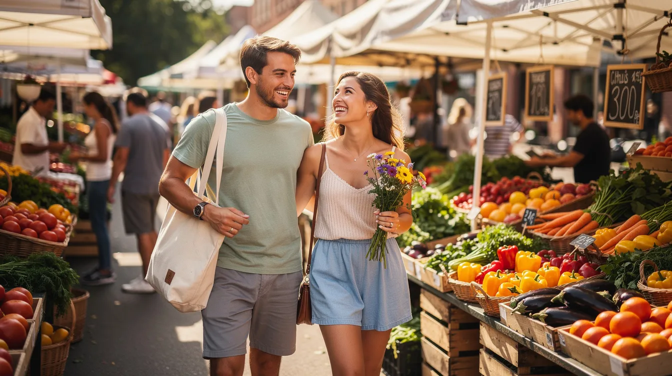 A young couple strolls hand-in-hand through a vibrant outdoor farmer's market, surrounded by colorful displays of fresh produce. This scene captures a fun first date idea, perfect for sparking conversation while enjoying the atmosphere and each other's company.