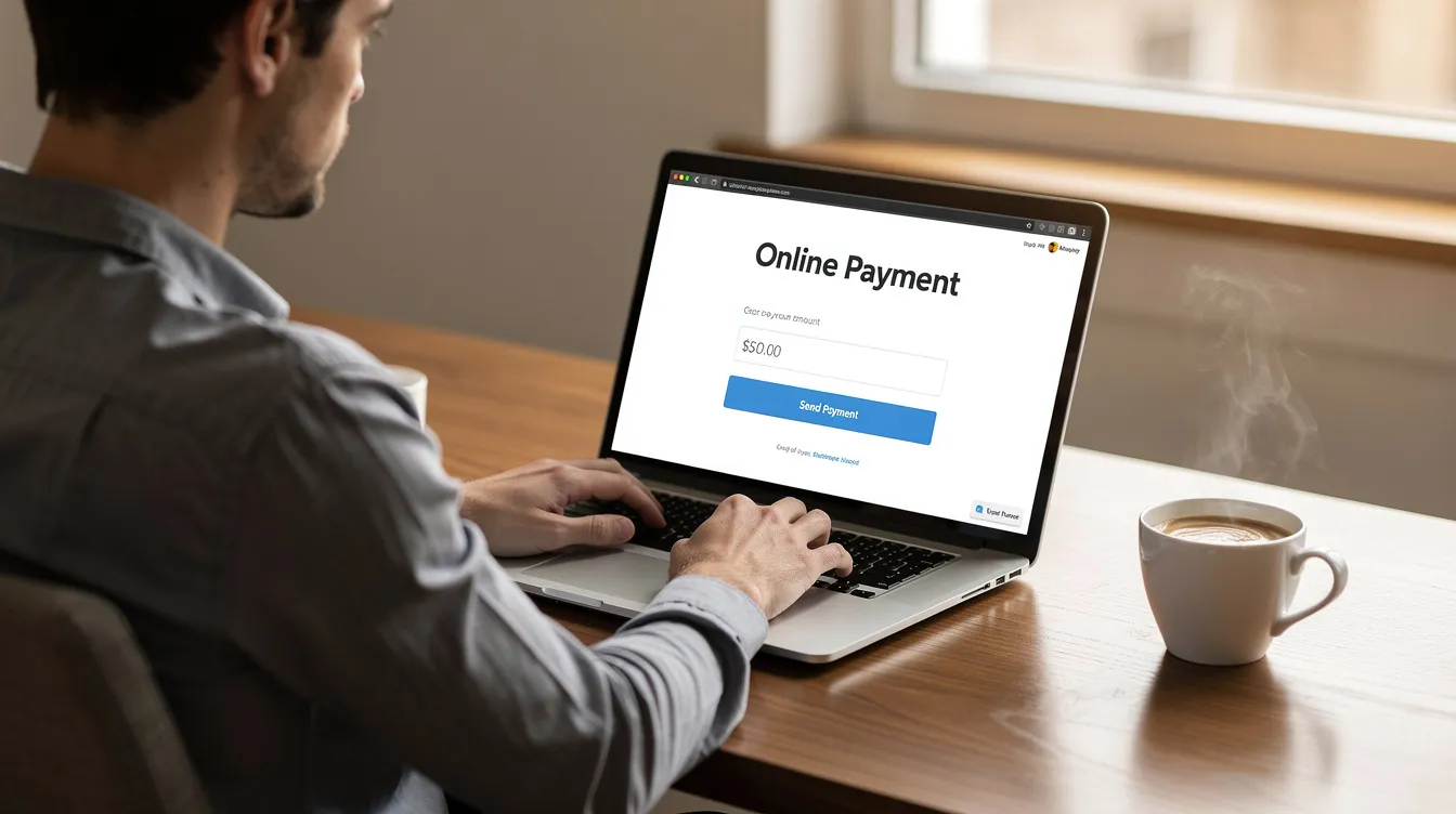 A person is sitting at a desk, focused on their laptop screen while sending an online payment, with a cup of coffee beside them. This scene captures the essence of modern life, where managing finances and travel plans, like finding cheap flights or comparing ticket prices, can be done conveniently from home.
