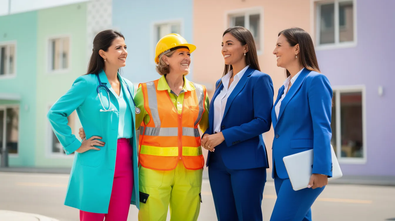 Eine Gruppe von Frauen in bunten, auffälligen Kostümen, darunter eine Ärztin im Kittel, eine Astronautin mit Helm und eine Geschäftsfrau im Anzug, steht vor pastellfarbenen Gebäuden. Diese Darstellung spiegelt die Vielfalt der Berufe wider und könnte eine Hommage an die verschiedenen Rollen in der Barbie-Welt sein, die von Regisseurin Greta Gerwig thematisiert werden.