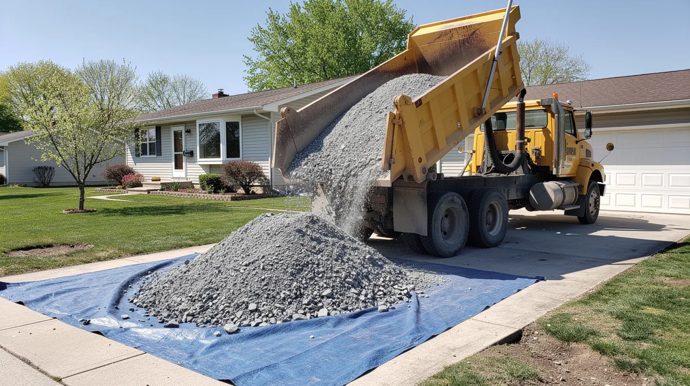 A dump truck is depositing a load of crushed stone onto a tarp in a residential driveway under a clear blue sky. This delivery of decorative stones is part of a landscaping project aimed at beautifying the yard with quality materials.