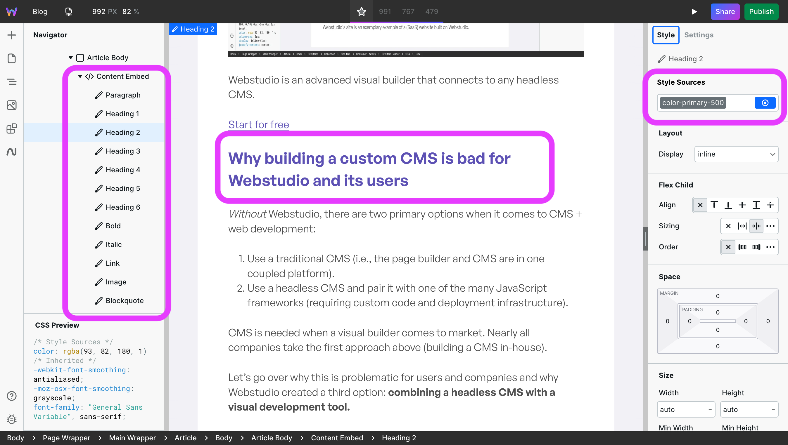 Content Embed with H2 styled using Tokens