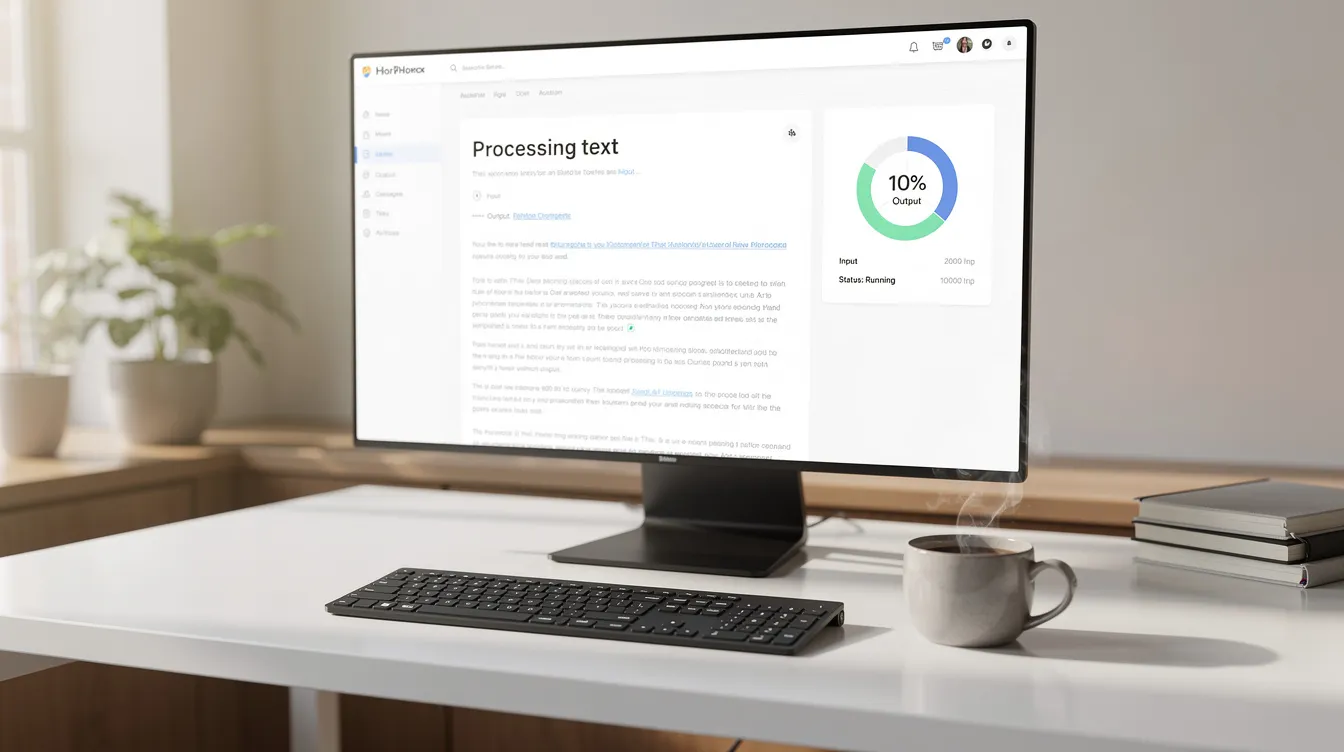 The image depicts a modern workspace featuring a computer screen displaying a text document being processed, with a steaming coffee cup placed beside the keyboard. This setup suggests a productive environment for tasks such as creating video transcripts or summarizing educational videos.