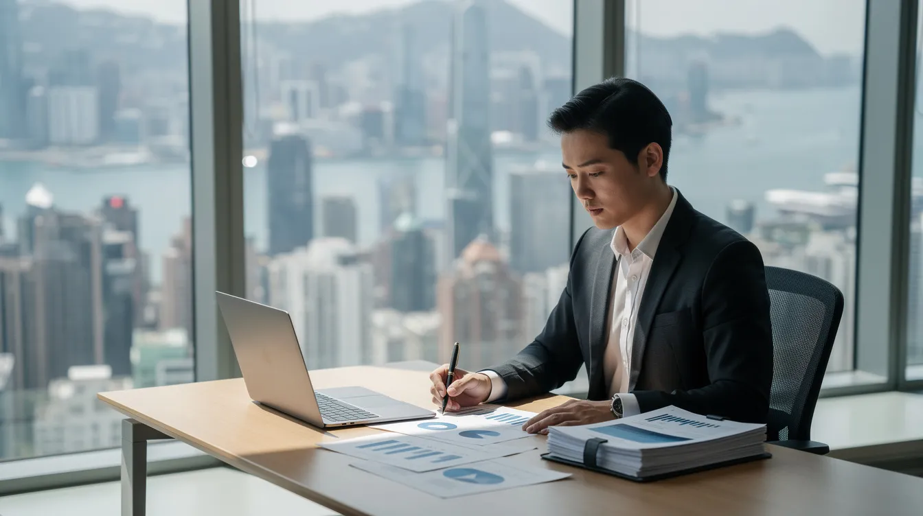 A professional office worker in Hong Kong is seated at a desk, intently reviewing financial documents, with a stunning view of the city skyline in the background. The scene captures the essence of a 公務員 的 work environment, emphasizing diligence and focus amidst the bustling urban landscape.