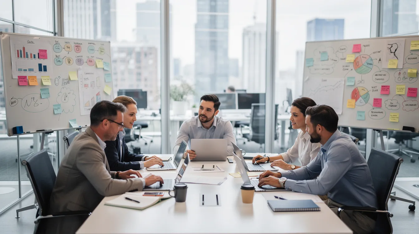 La imagen muestra a un equipo diverso de profesionales de marketing colaborando alrededor de una gran mesa de reuniones en una moderna oficina diáfana, equipados con ordenadores portátiles y pizarras blancas. Están debatiendo sobre estrategias de transformación de marketing , utilizando la tecnología digital y el análisis de datos para mejorar la interacción con los clientes y ofrecerles experiencias personalizadas.