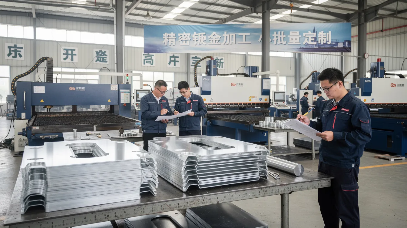 The image showcases a variety of custom sheet metal parts produced by Chinese sheet metal fabricators, highlighting different fabrication techniques such as precision sheet metal bending and laser cutting. The scene emphasizes the high-quality materials used, including stainless steel and aluminum, reflecting the advanced sheet metal fabrication services available for small quantities and rapid prototyping.