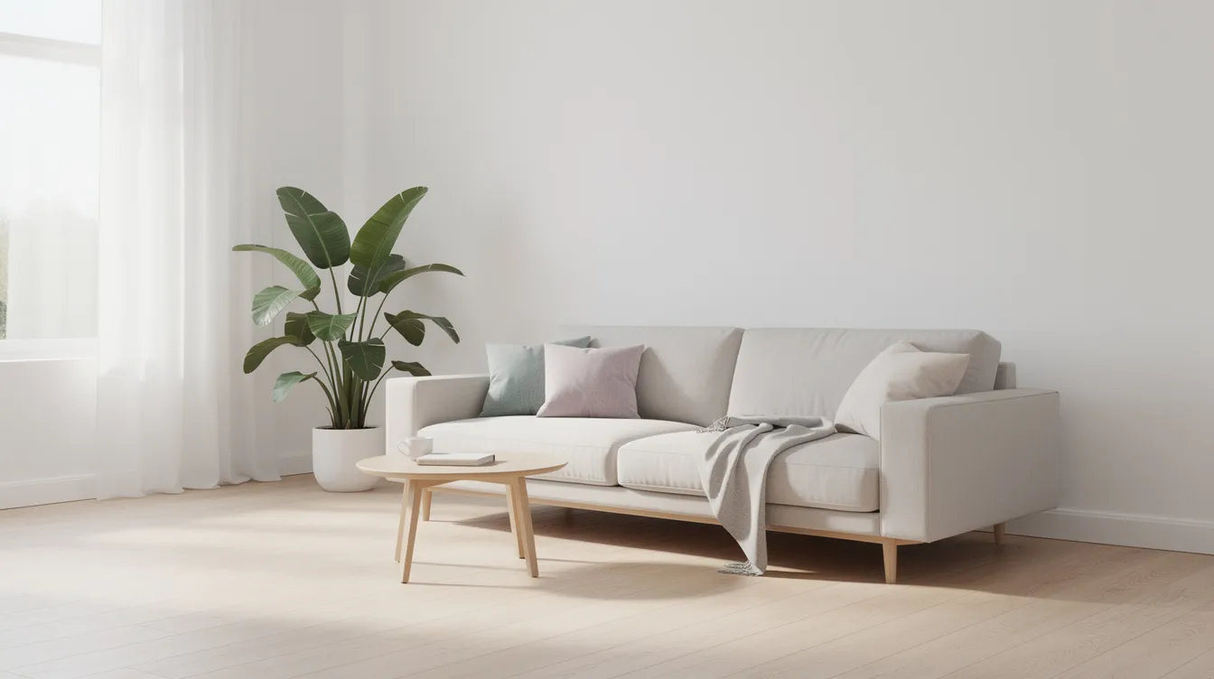 Ett ljust skandinaviskt vardagsrum med en låg soffa i minimalistisk design, ekgolv och en stor grön växt i hörnet som ger rummet en harmonisk känsla. Inredningen är stilren och skapar en trivsam atmosfär med fokus på naturliga material och ljusa färger.