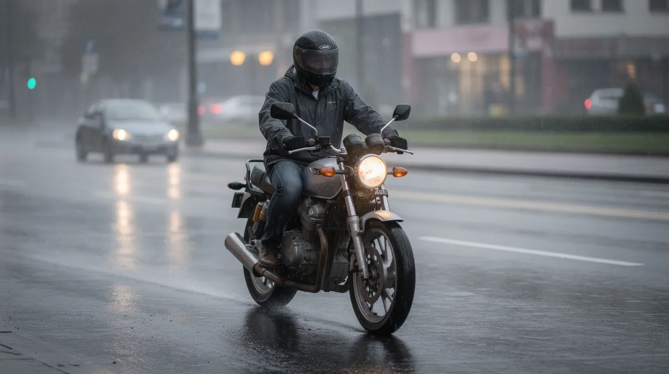 Un motociclista conduce su motocicleta bajo la lluvia en una carretera, mostrando la importancia de compartir la carretera de manera segura con otros vehículos. La visibilidad es reducida debido al clima, lo que resalta la necesidad de precauciones adicionales para evitar accidentes.
