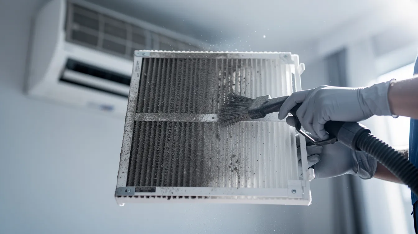A close-up image shows a technician carefully cleaning an air conditioning filter during a service visit, ensuring the air conditioning system operates efficiently. This regular maintenance is essential for maintaining comfortable indoor temperatures and prolonging the lifespan of the unit.