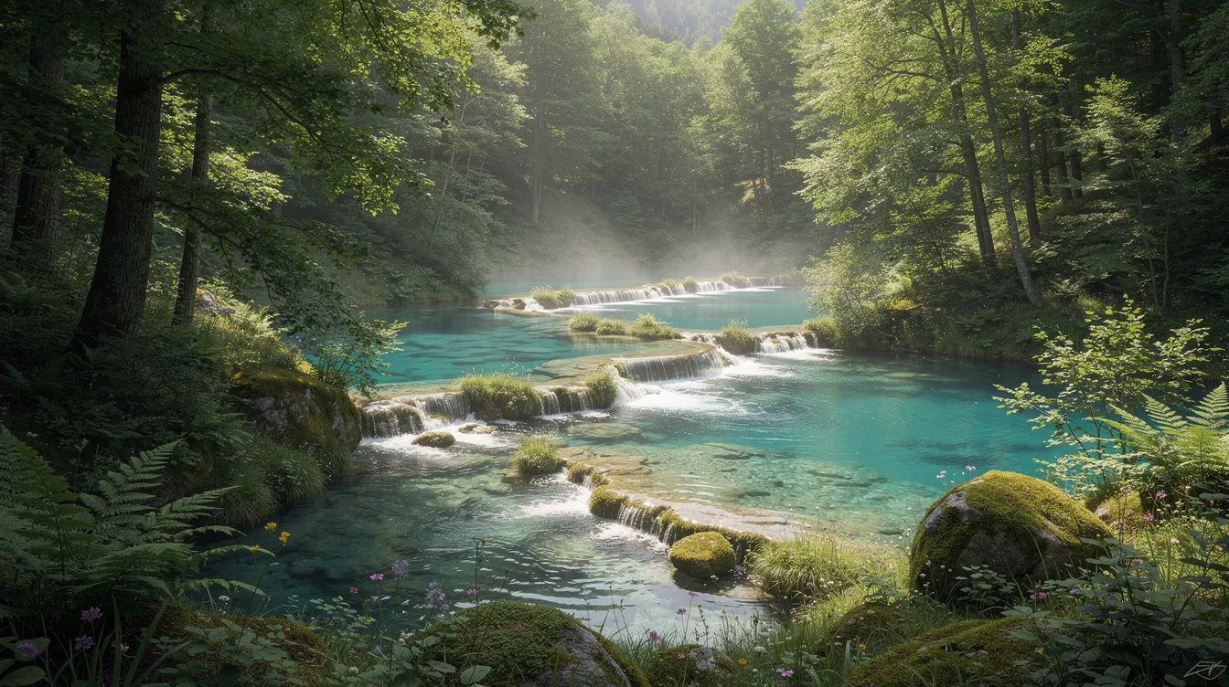 Imagem de um deslumbrante parque nacional na Croácia, onde lagos de água turquesa se conectam por cascatas em meio a uma densa floresta. O cenário natural é perfeito para o turismo, destacando a beleza da região e sua rica biodiversidade.