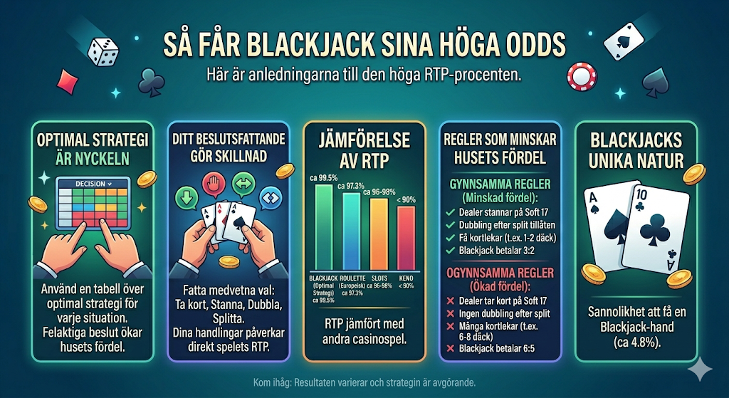 Blackjack odds – varför blackjack har hög RTP, strategi, regler och låg husfördel i casinospel
