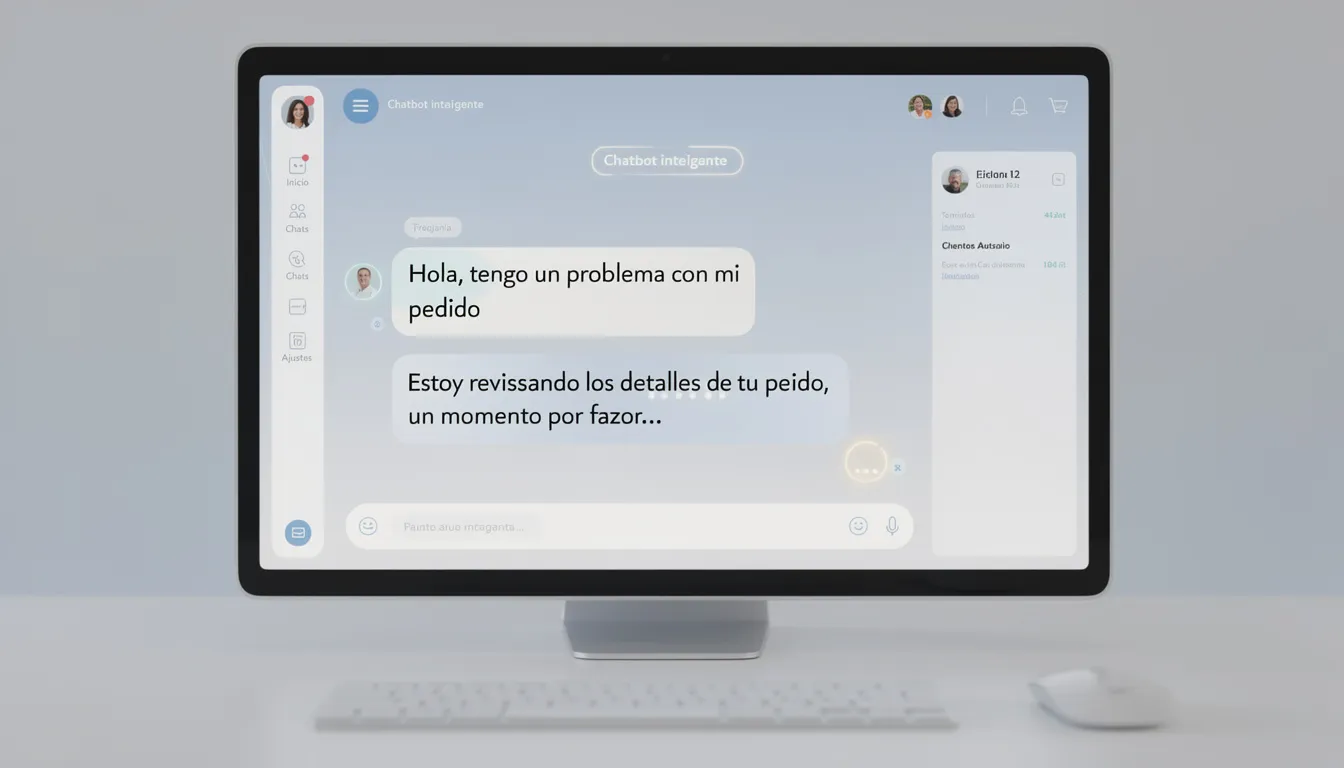 La imagen muestra una interfaz de un chatbot inteligente que está procesando una consulta de un cliente en tiempo real. Este sistema utiliza inteligencia artificial (IA) para mejorar la experiencia del cliente, facilitando la atención y el acceso a información relevante a través de diversos canales.