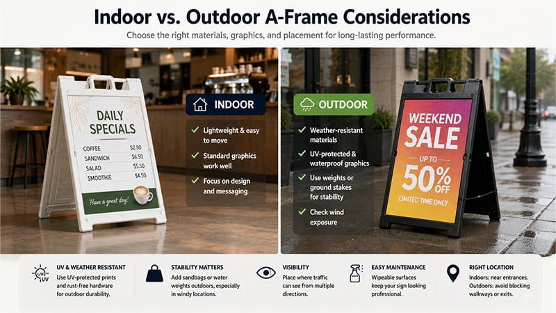 Indoor and outdoor A-frame signs compared by materials, weather resistance, stability, and placement