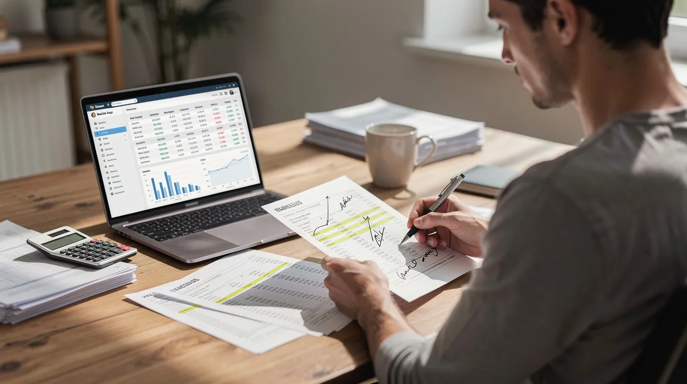 A person is sitting at a wooden desk, intently reviewing financial documents alongside an open laptop, symbolizing the importance of careful financial planning and strategies such as using a home equity line for investment purposes. The scene reflects a focus on managing cash flow and understanding debt obligations to achieve long-term financial stability.