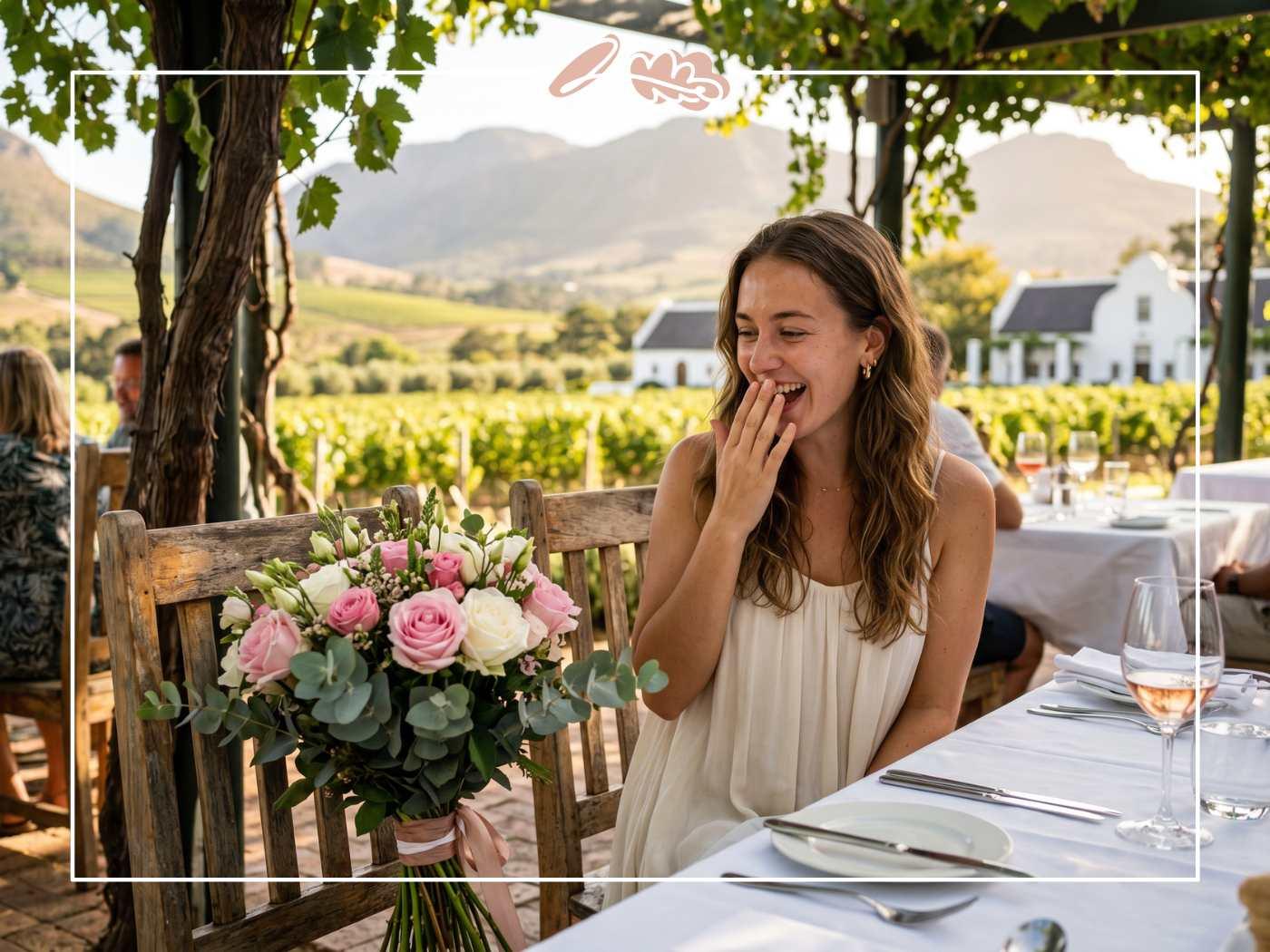 Girlfriend laughing with surprise at a Cape Winelands lunch table after spotting a luxury pink rose birthday bouquet from Fabulous Flowers waiting on her chair