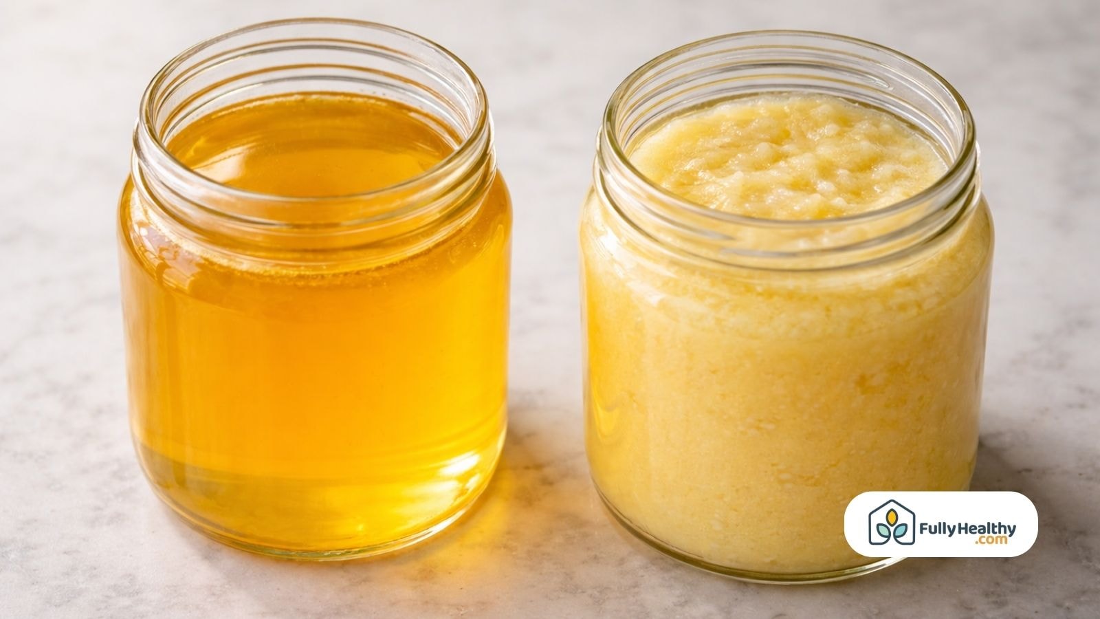 Golden liquid ghee and solid white ghee in jars
