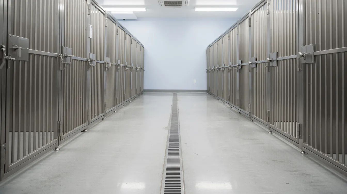 Kennel area with drains and concrete flooring