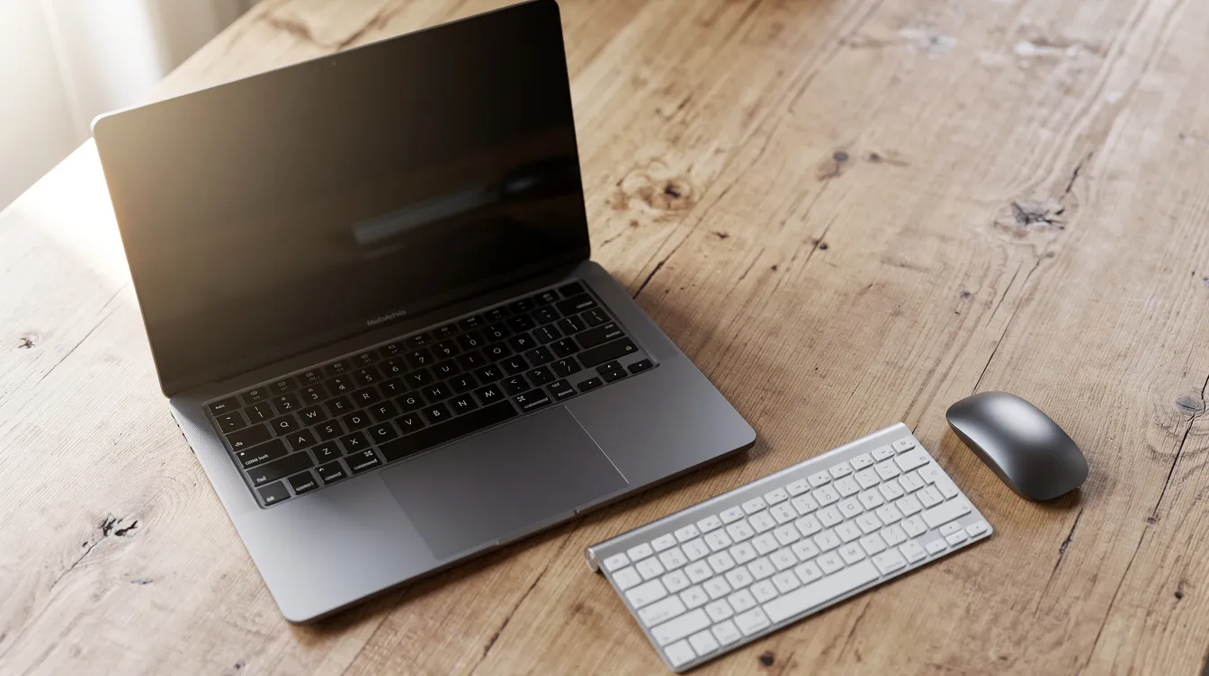 Een close-up van een zwarte laptop op een houten tafelblad, met een extern toetsenbord en een muis ernaast. Deze praktische laptoptafel biedt extra stabiliteit en is perfect voor een ergonomische werkplek, waardoor je comfortabel kunt werken, zowel zittend als staand.