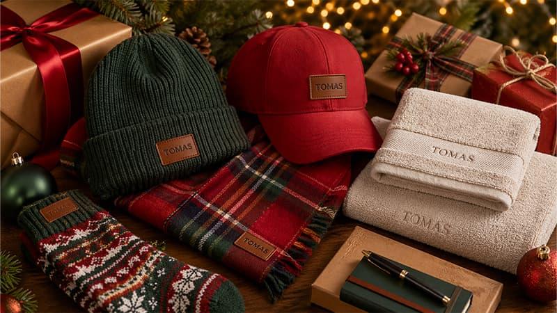 Custom Christmas wearable gifts for adults including beanie, baseball cap, scarf and festive socks for holiday gift bags and seasonal promotions