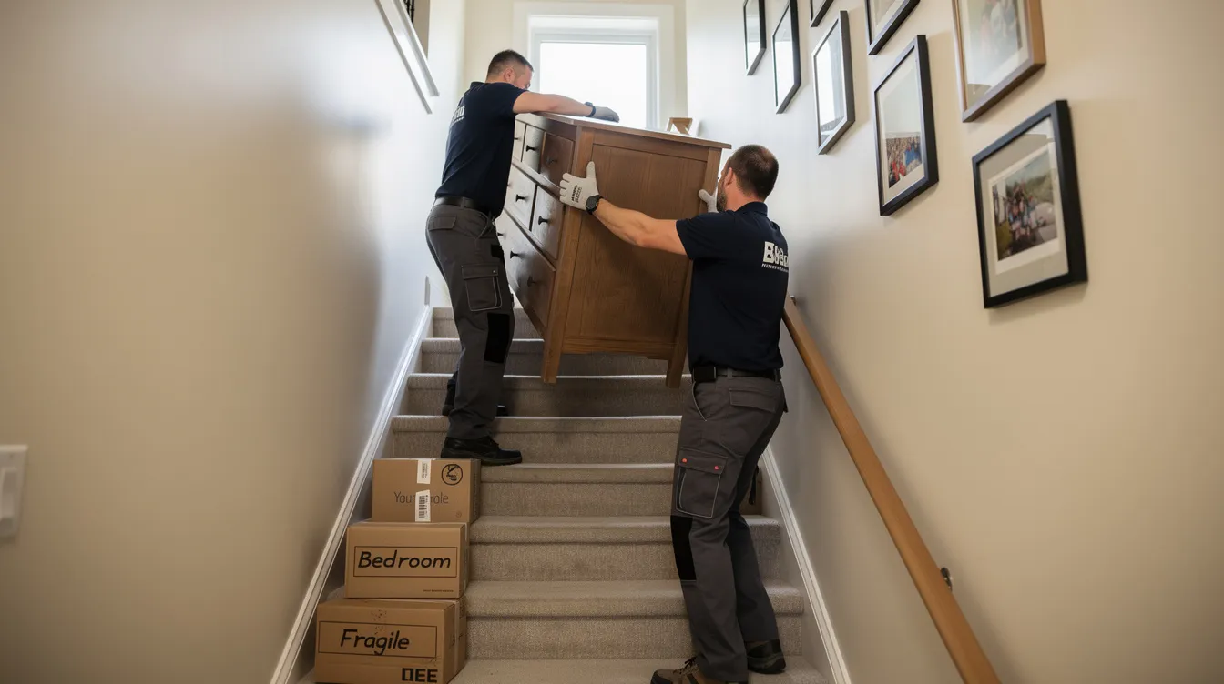 Professional crew carrying a large dresser down narrow residential stairs during a house cleanout