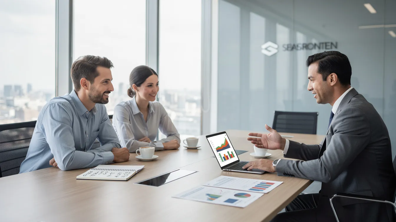 A professional financial advisor is meeting with clients in a modern office, discussing their retirement savings plans and investment strategies. The setting suggests a focus on personalized financial advice to help clients navigate their retirement accounts and ensure long-term financial security.
