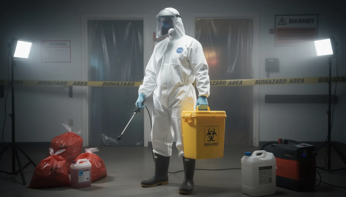 A professional biohazard cleanup technician is dressed in a full protective suit and equipped with specialized tools for handling biohazardous waste. The technician is prepared to safely manage and dispose of potentially infectious materials, including human feces and other bodily fluids, while adhering to proper precautions to mitigate health risks.