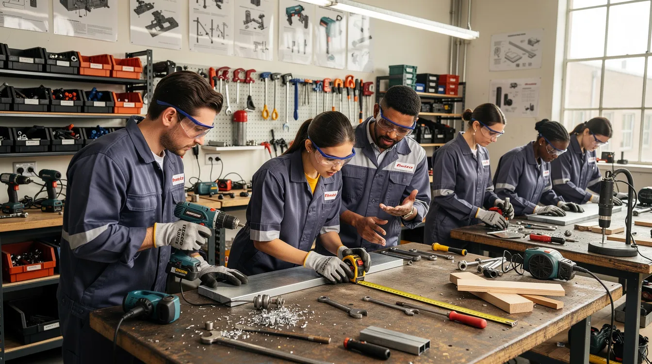 A group of apprentices is actively engaged in a workshop classroom, learning hands-on trade skills with various tools and equipment. This training program is vital for developing skilled workers to address the construction labor shortage and enhance workforce development in the industry.