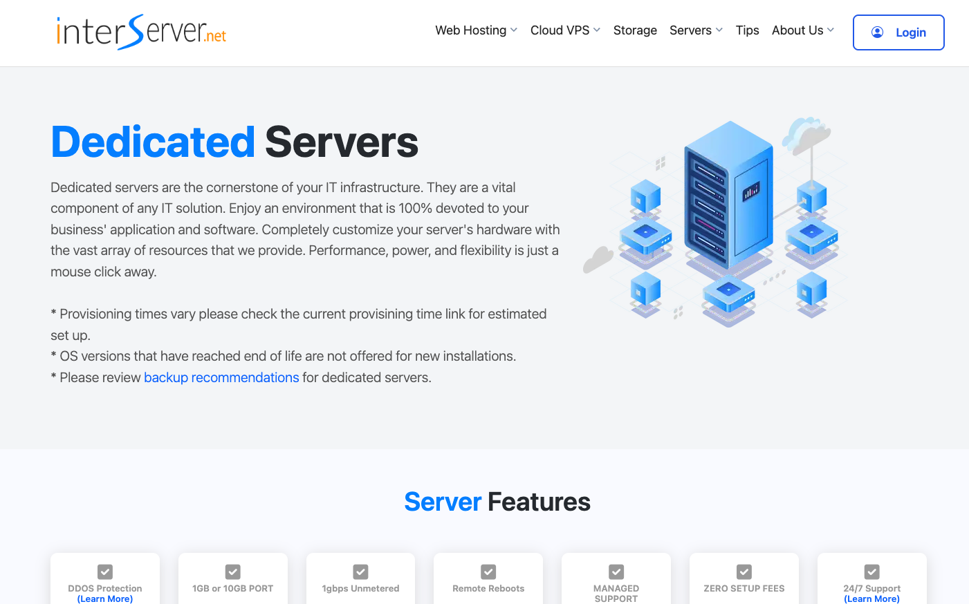 InterServer unmetered dedicated server pricing and configuration page