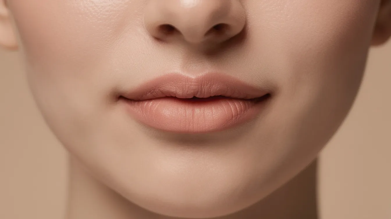 This close-up portrait highlights the natural shape of the upper lip, featuring a beautifully balanced defined cupid's bow that accentuates the soft facial features. The smooth skin and youthful appearance suggest a subtle enhancement, possibly through lip filler or injections, creating a harmonious and natural look.