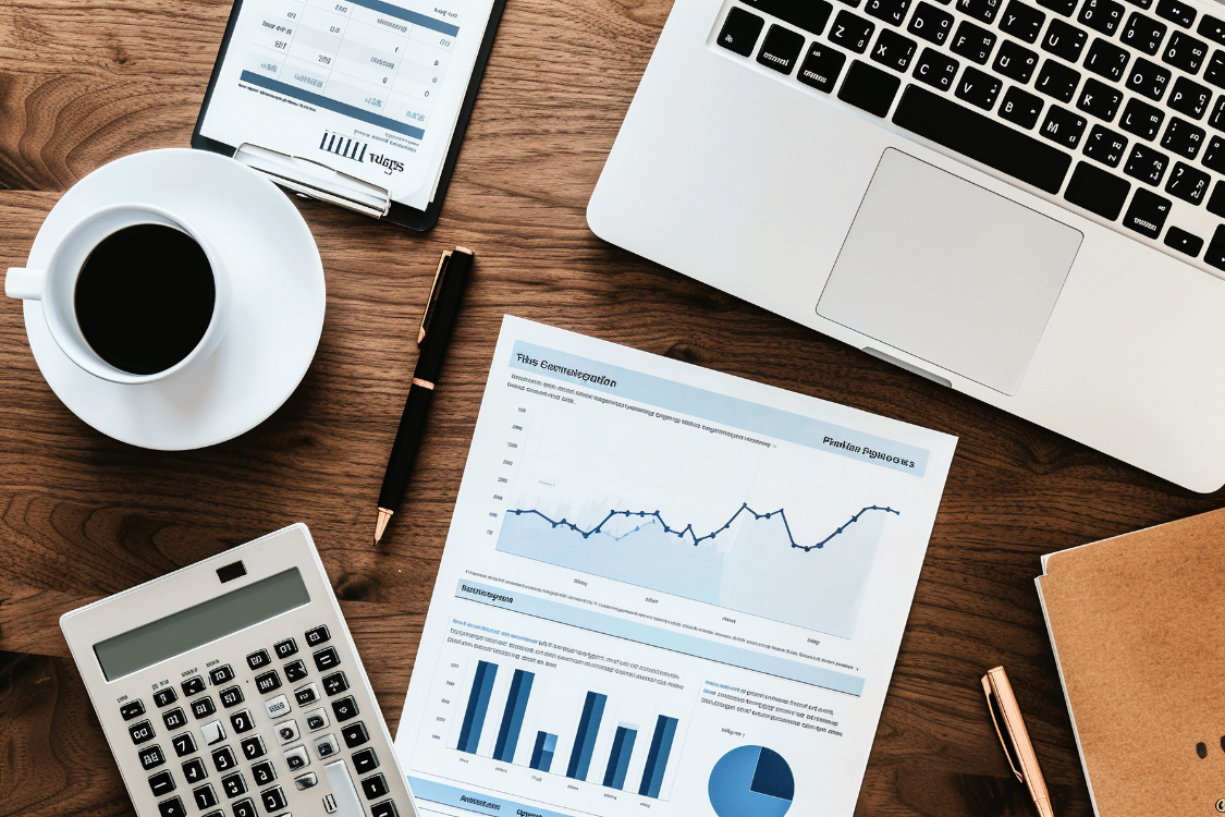 Financial data and performance reports on desk beside laptop and calculator