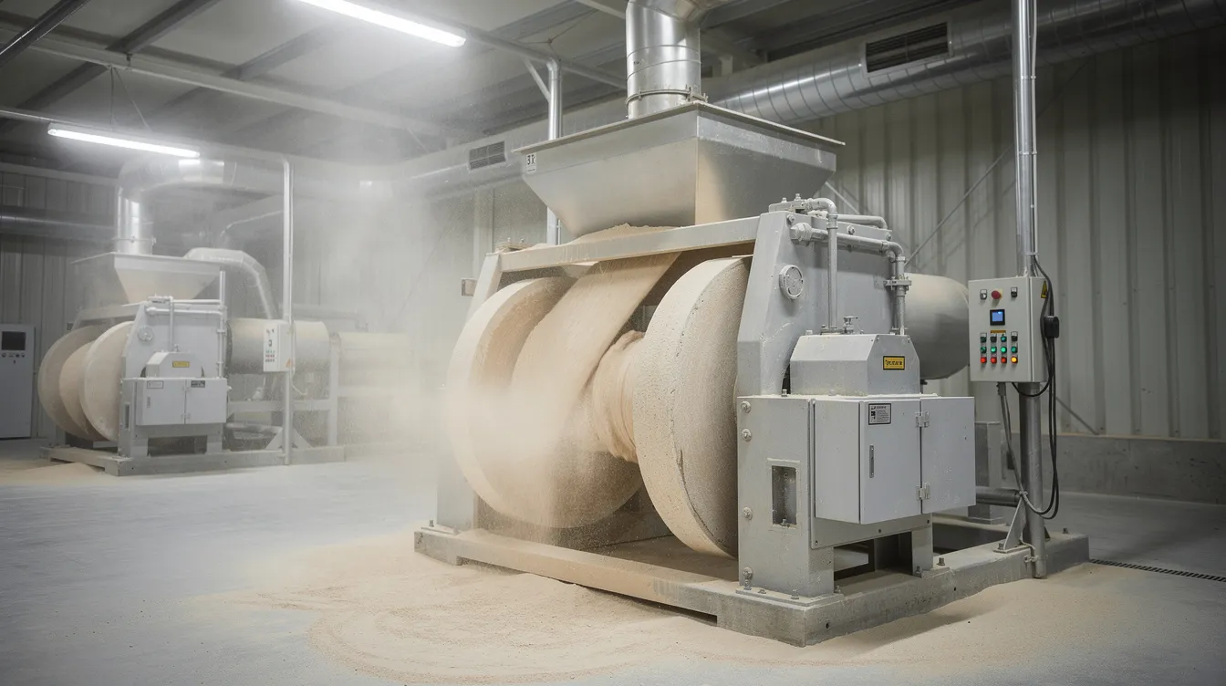 The image depicts industrial stone chakki grinding equipment within a flour processing facility, designed for the efficient milling of wheat flour into various types, including standard and specialty flour. This machinery is crucial for ensuring quality control and consistency in the production of flour, catering to the needs of industrial users and ingredient suppliers.