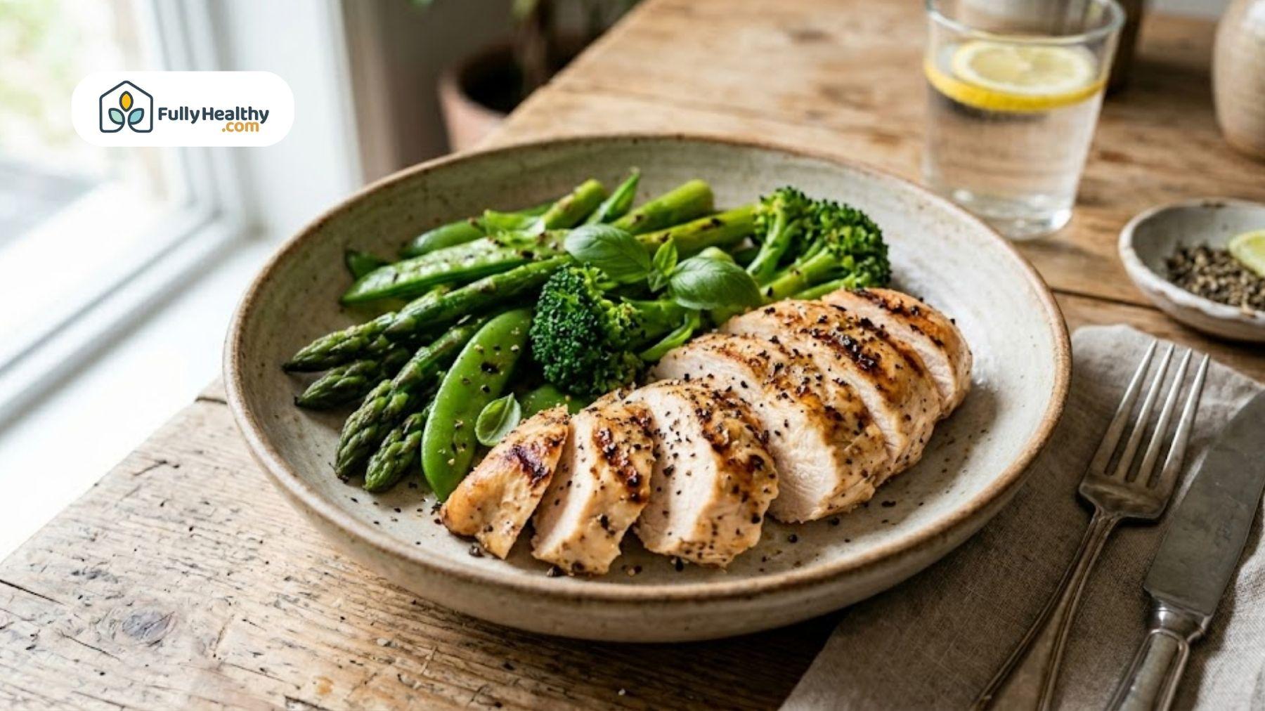 Grilled chicken breast with asparagus and vegetables seasoned with black pepper on a plate.